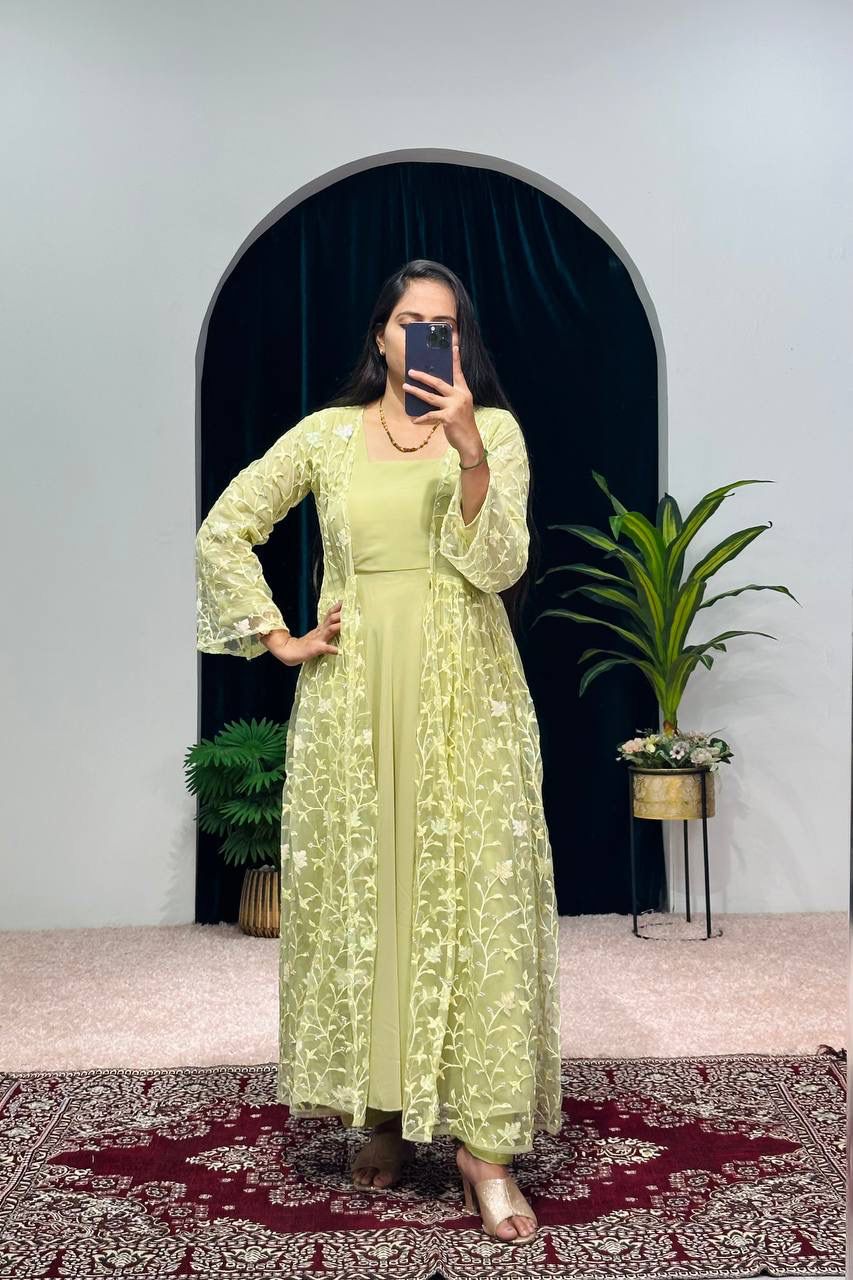 Beautiful Pista Color Plain Gown Palazzo With Shrug