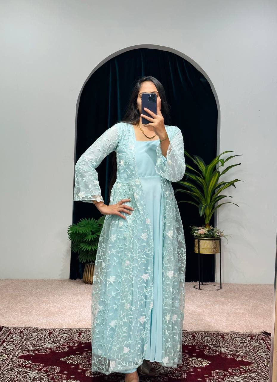 Beautiful Sky Blue Color Plain Gown Palazzo With Shrug