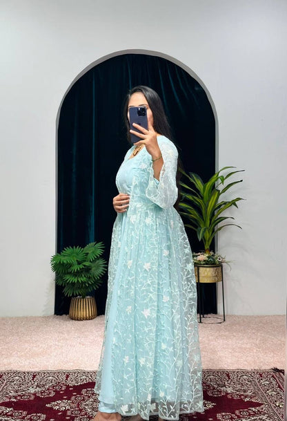 Beautiful Sky Blue Color Plain Gown Palazzo With Shrug