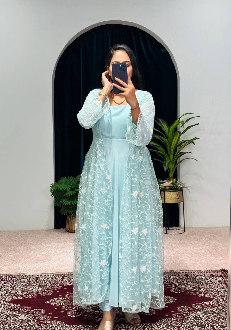 Beautiful Sky Blue Color Plain Gown Palazzo With Shrug