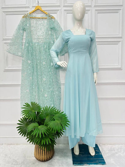 Beautiful Sky Blue Color Plain Gown Palazzo With Shrug