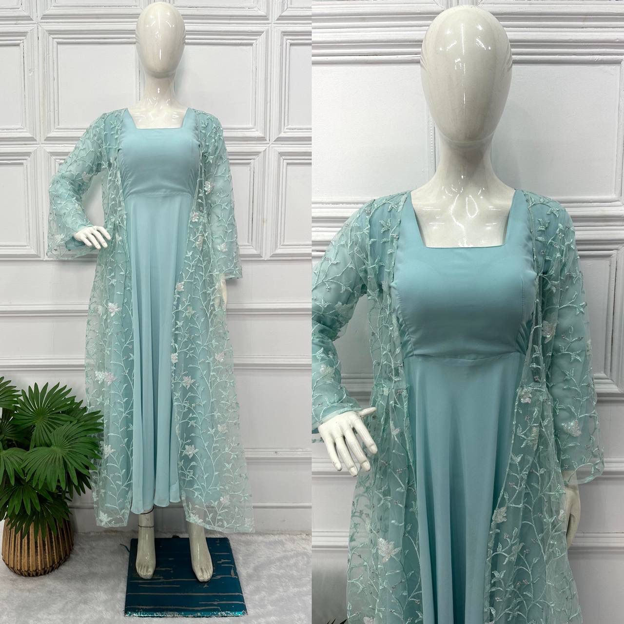 Beautiful Sky Blue Color Plain Gown Palazzo With Shrug