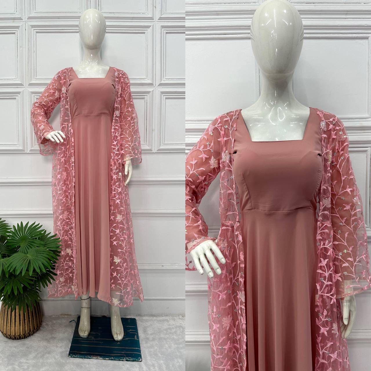 Beautiful Peach Color Plain Gown Palazzo With Shrug