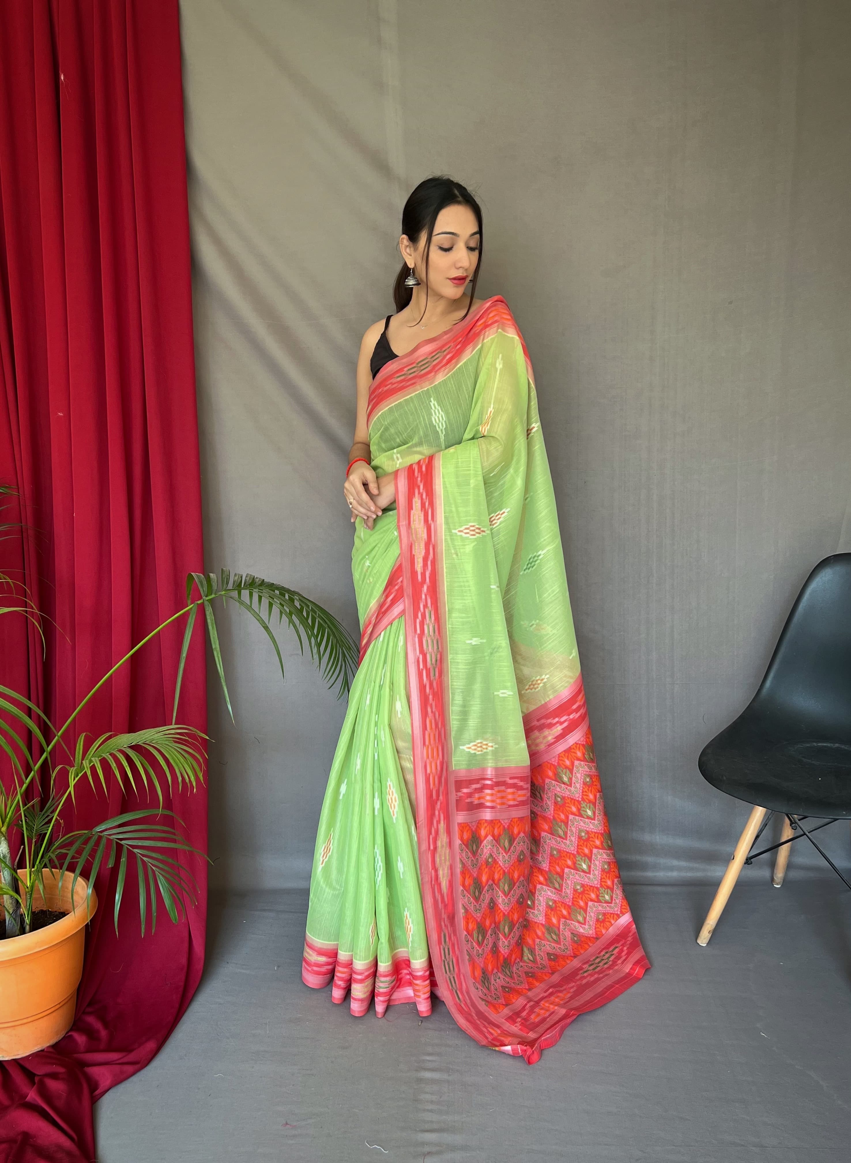 Occasion Wear Parrot Green Color Linen Saree