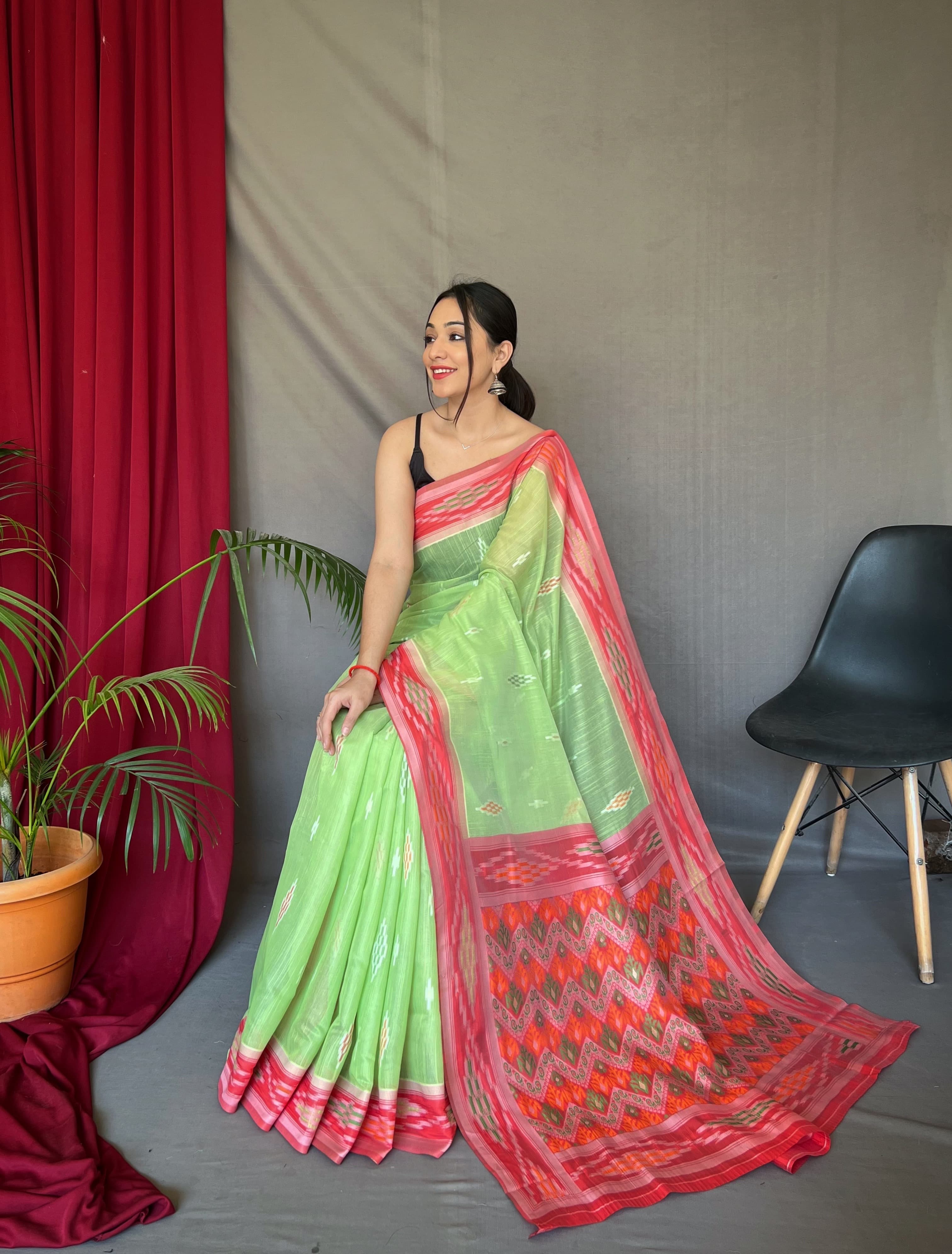 Occasion Wear Parrot Green Color Linen Saree