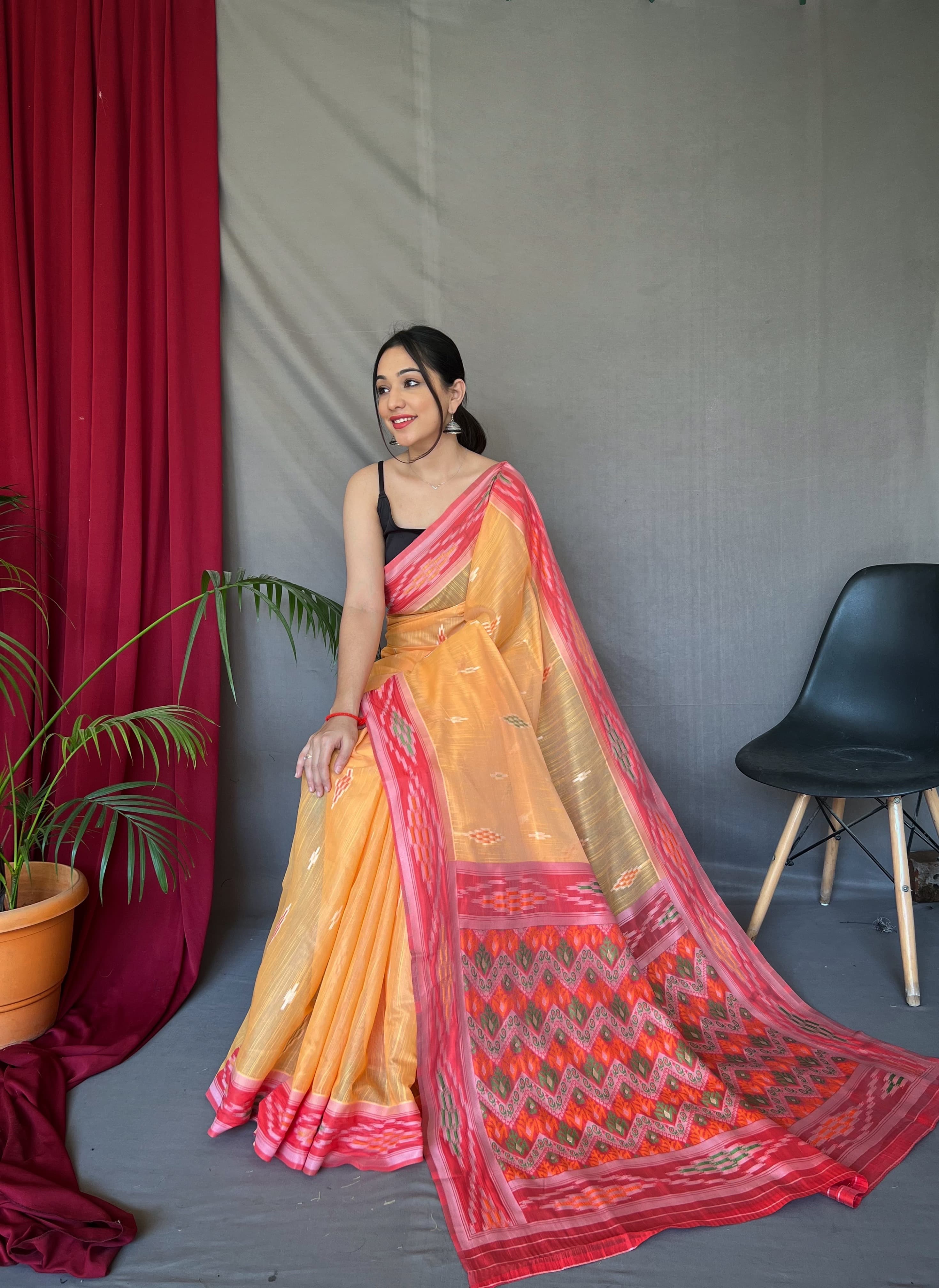 Occasion Wear Orange Color Linen Saree