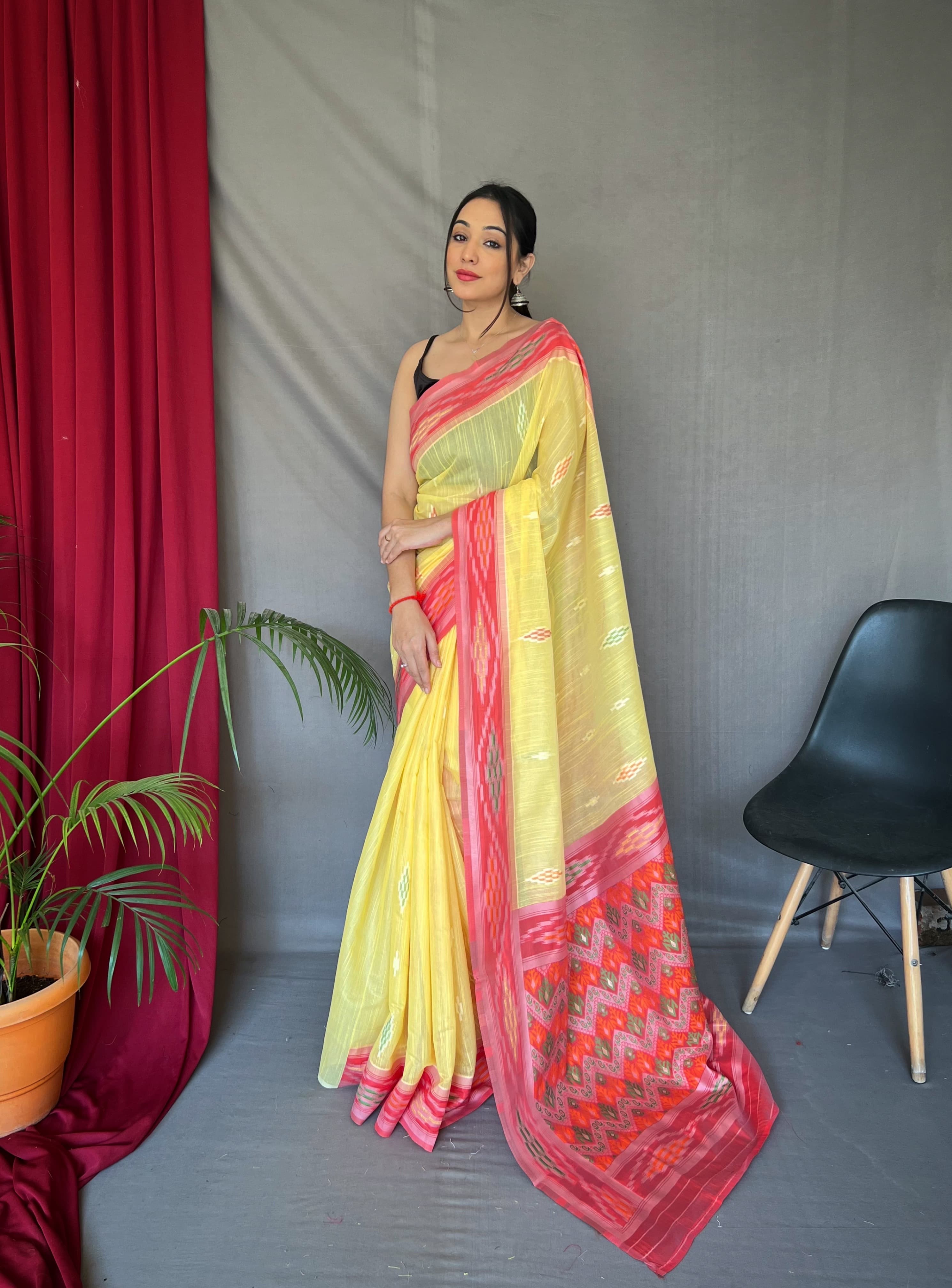 Occasion Wear Yellow Color Linen Saree