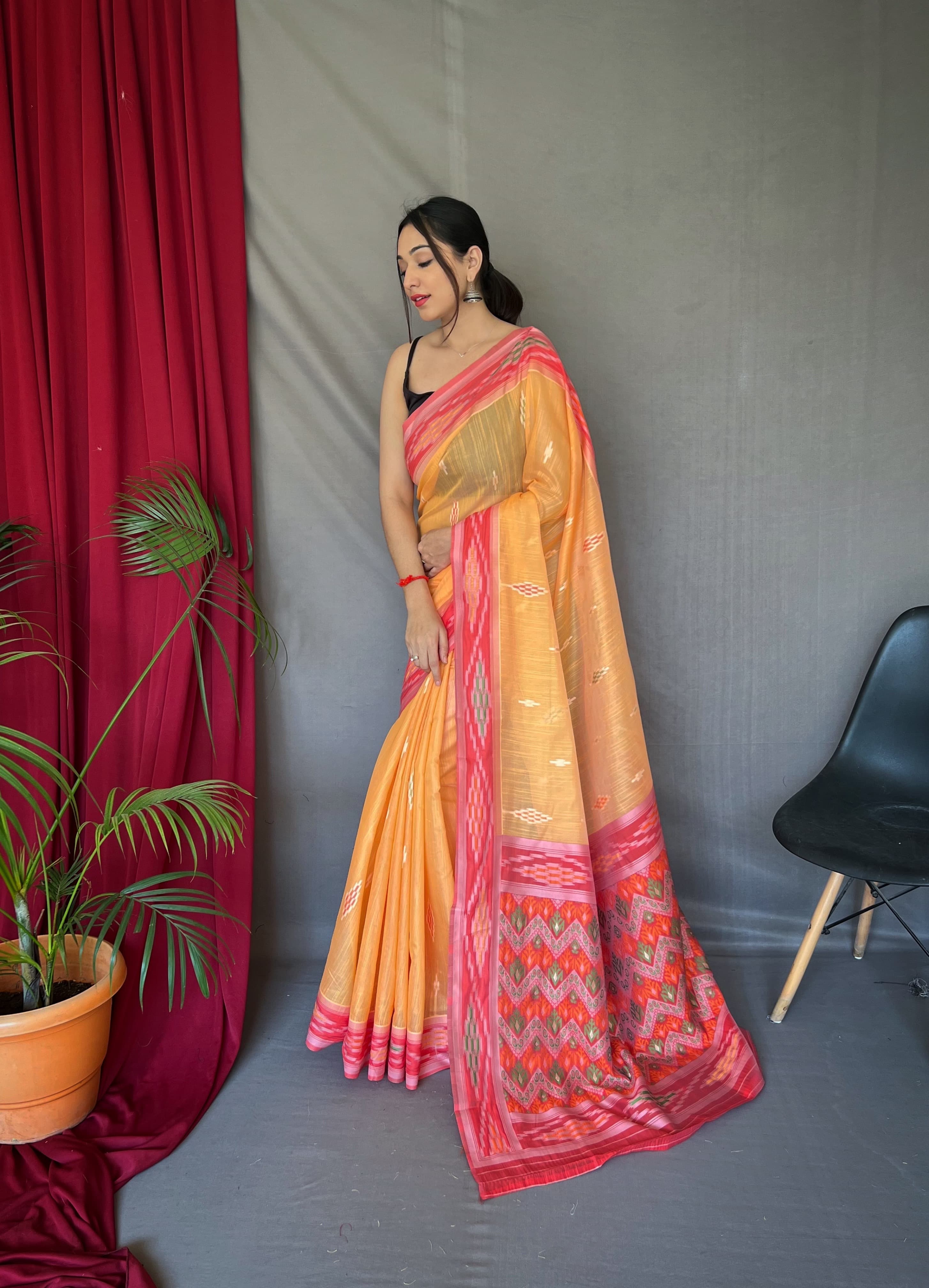 Occasion Wear Orange Color Linen Saree