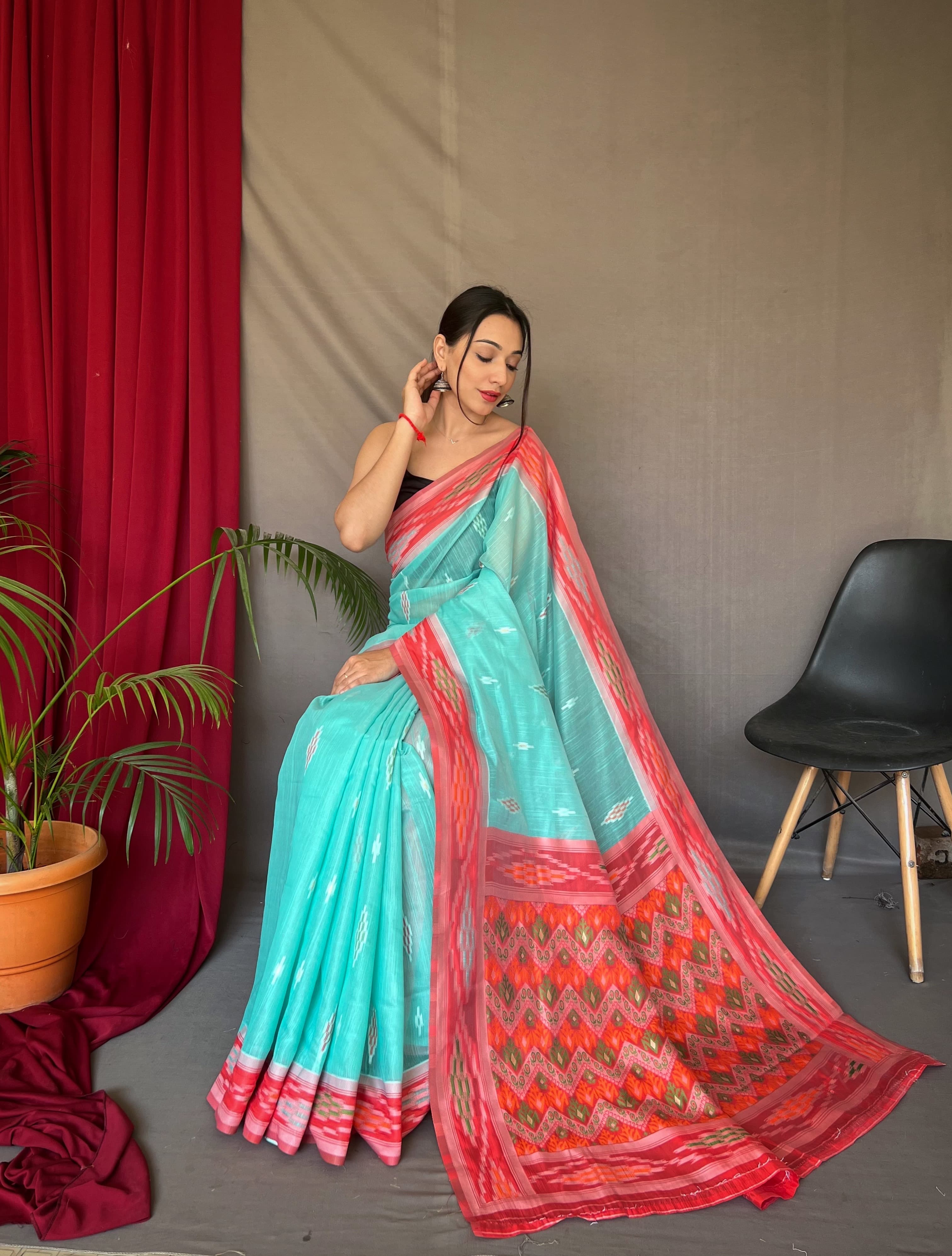 Occasion Wear Sky Blue Color Linen Saree