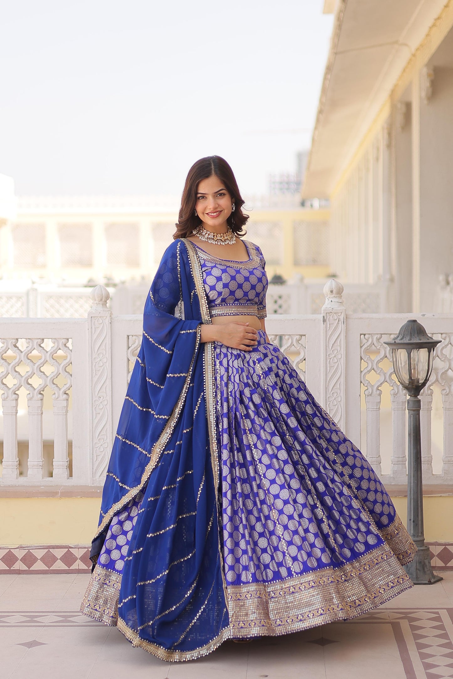 Designer Jacquard With Sequence Work Blue Lehenga Choli