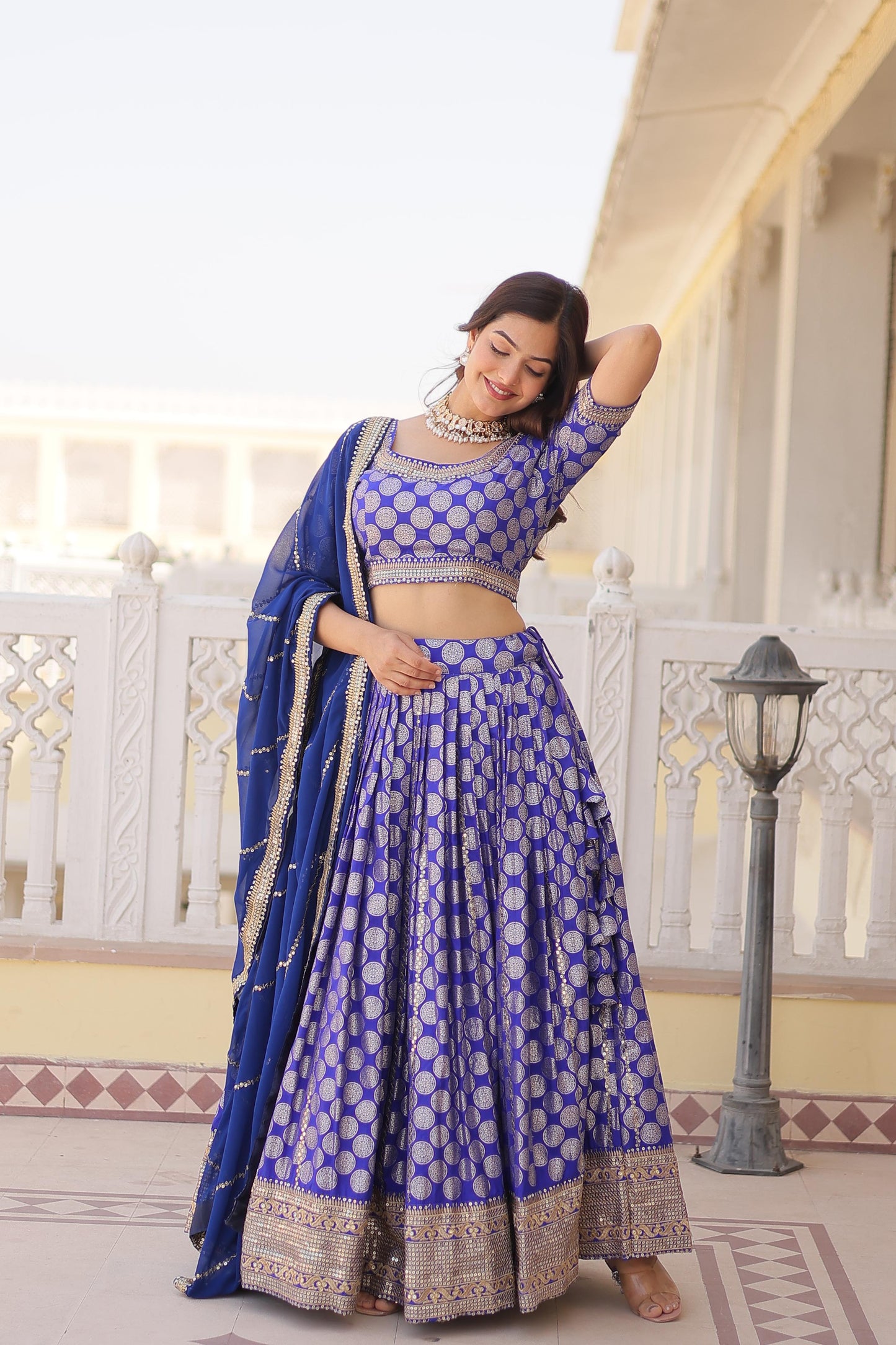 Designer Jacquard With Sequence Work Blue Lehenga Choli