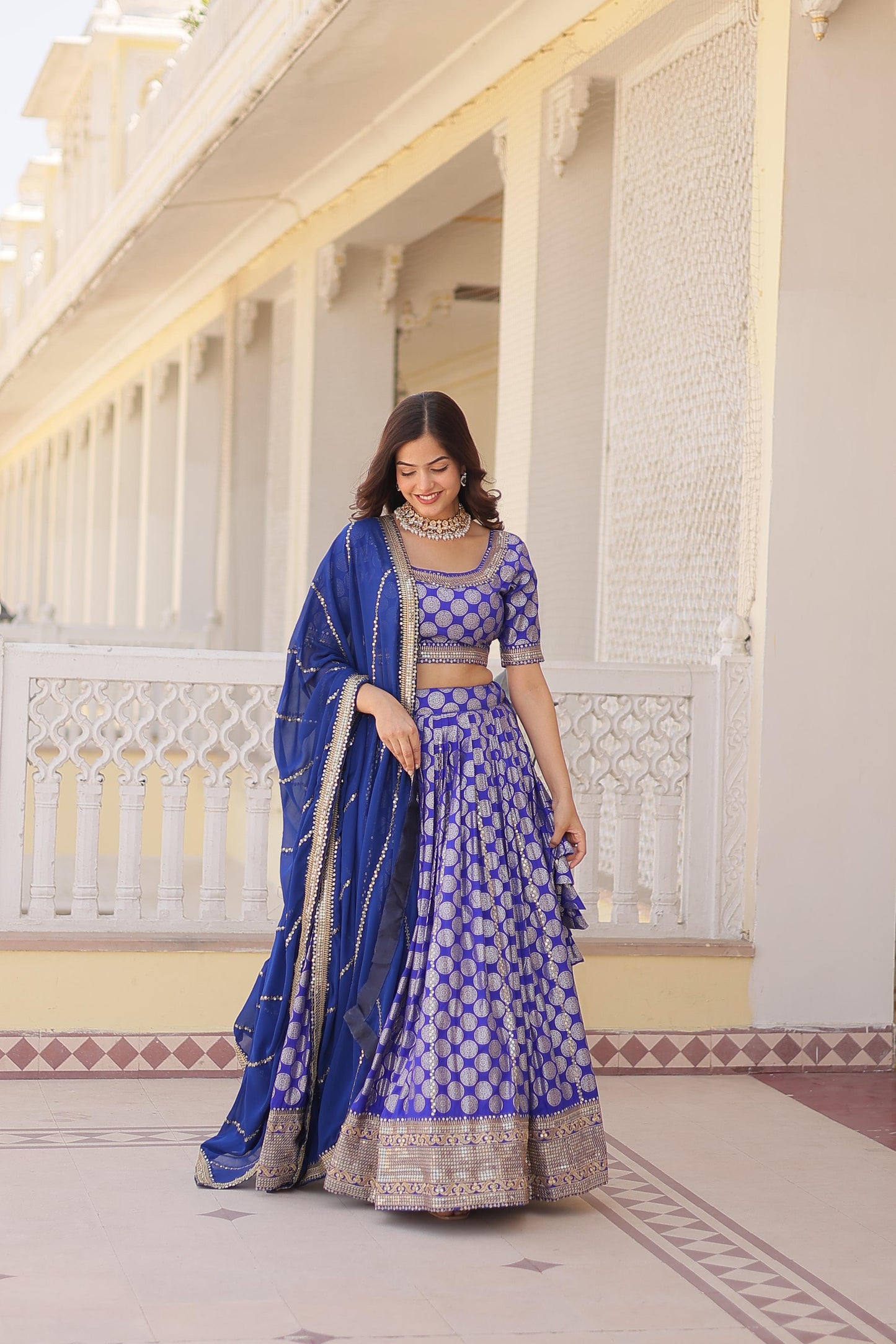 Designer Jacquard With Sequence Work Blue Lehenga Choli