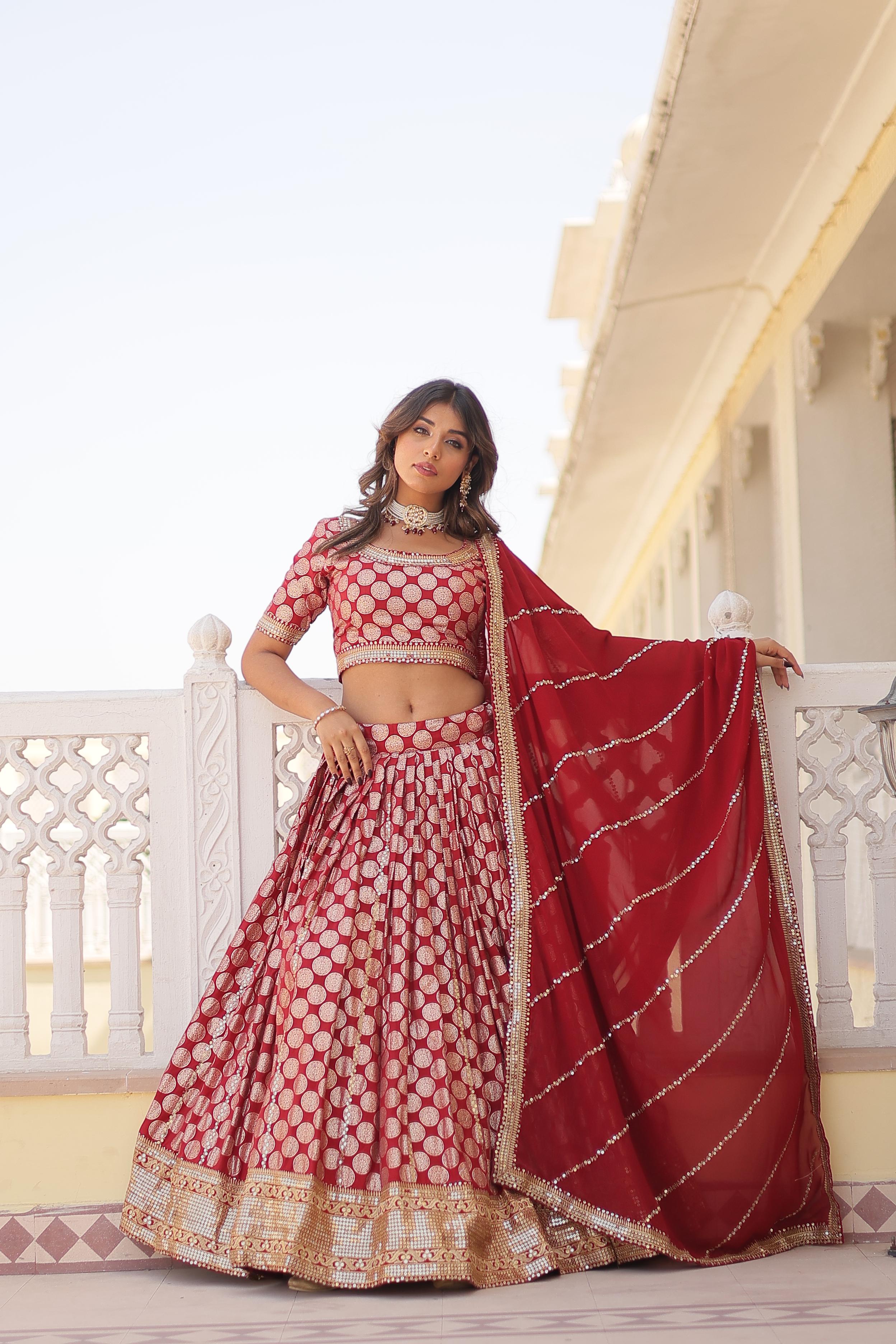 Designer Jacquard With Sequence Work Red Lehenga Choli