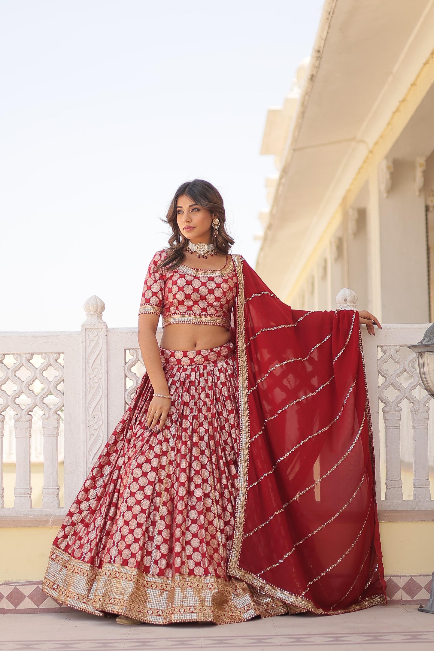 Designer Jacquard With Sequence Work Red Lehenga Choli