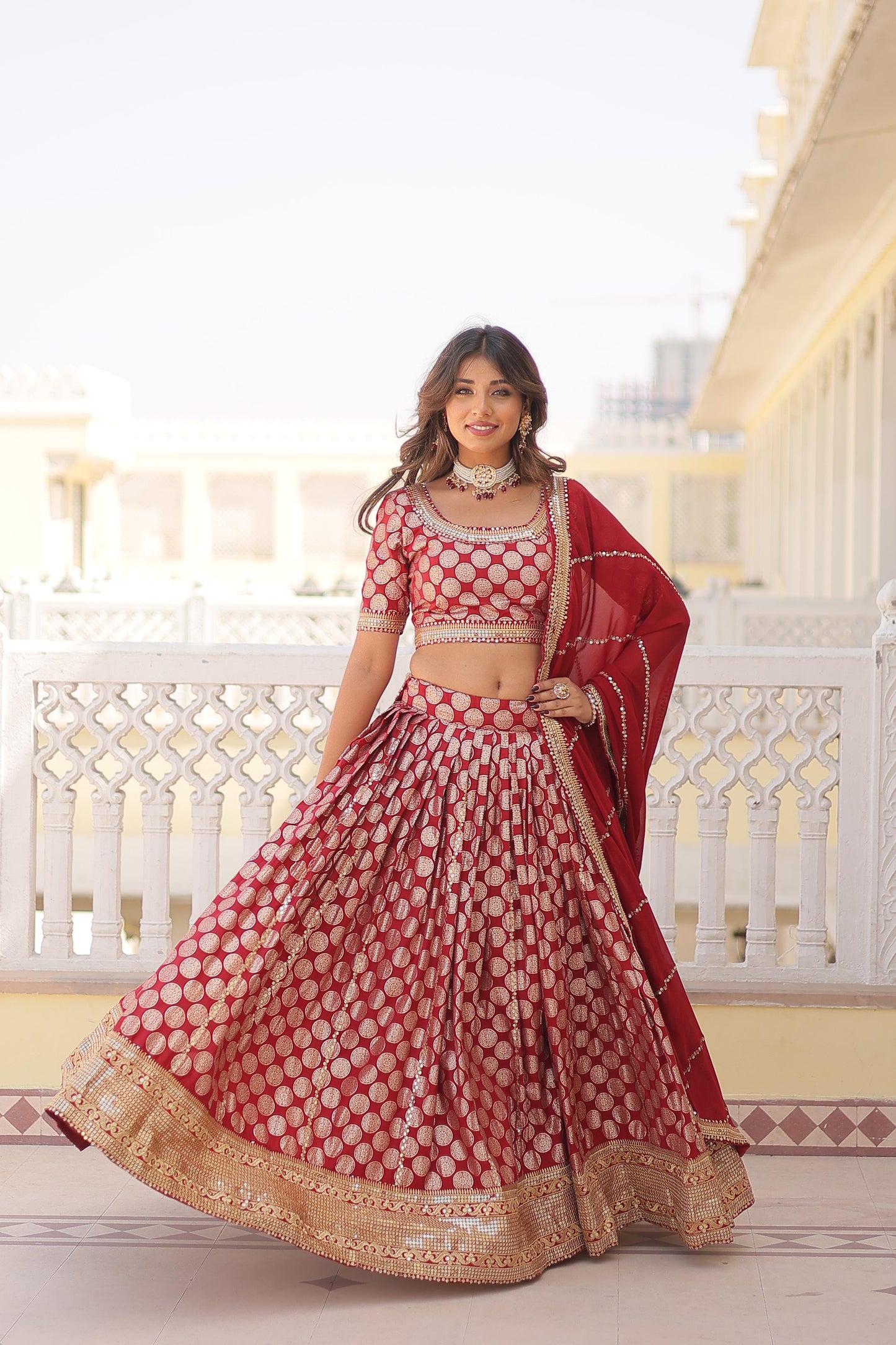 Designer Jacquard With Sequence Work Red Lehenga Choli