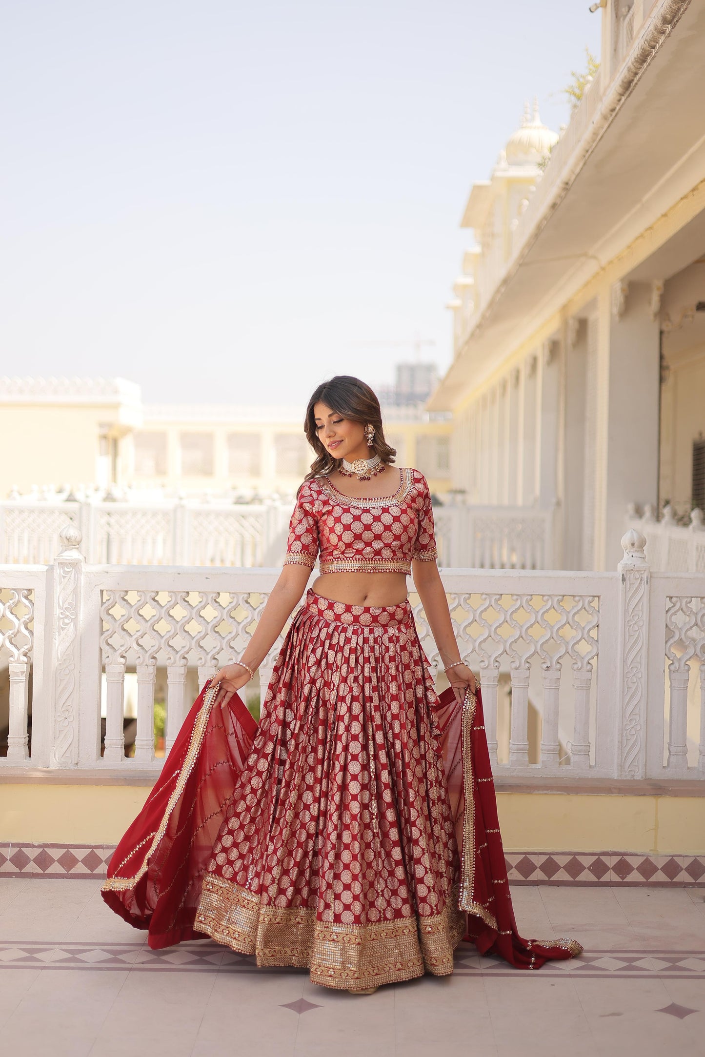 Designer Jacquard With Sequence Work Red Lehenga Choli