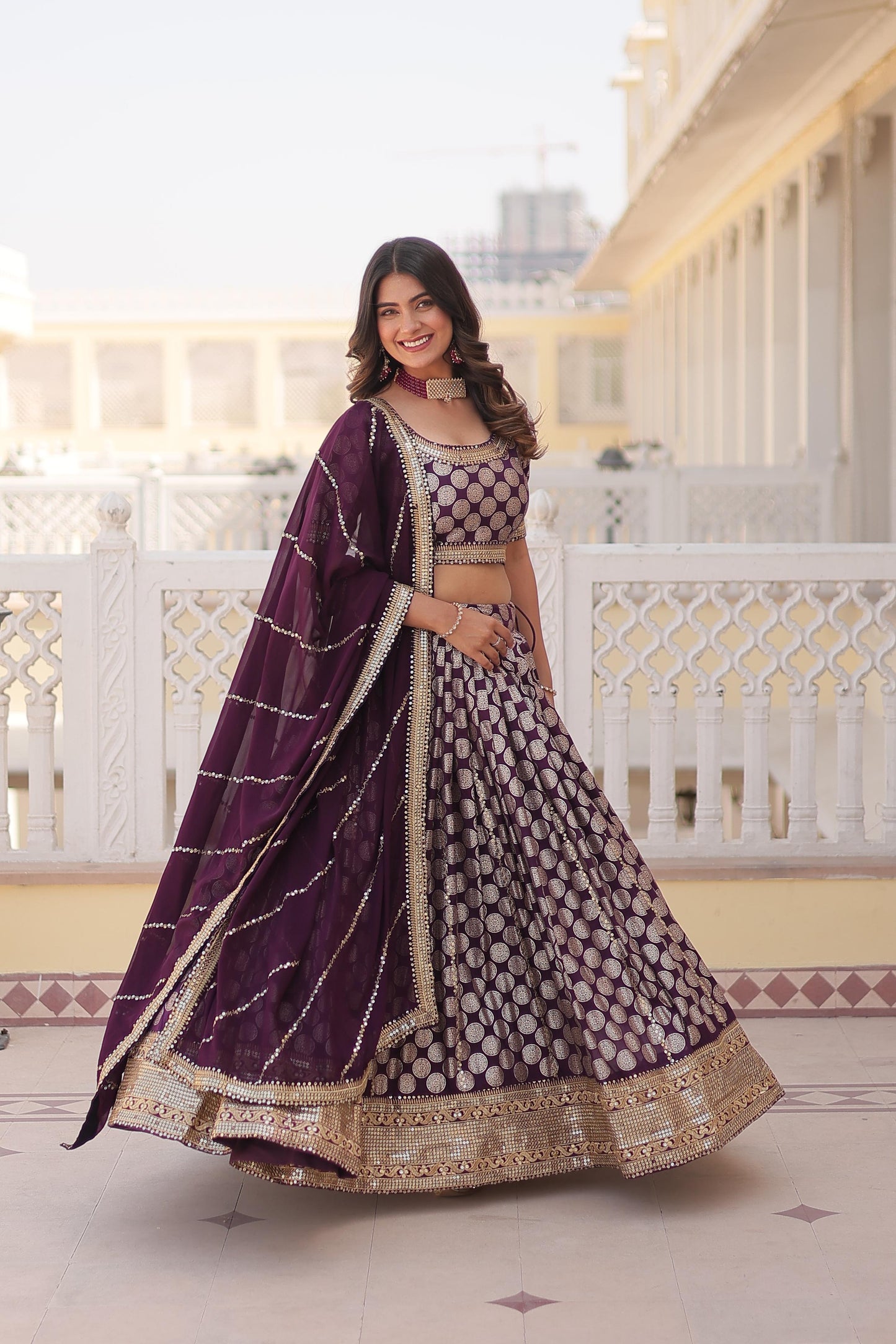 Designer Jacquard With Sequence Work Wine Lehenga Choli