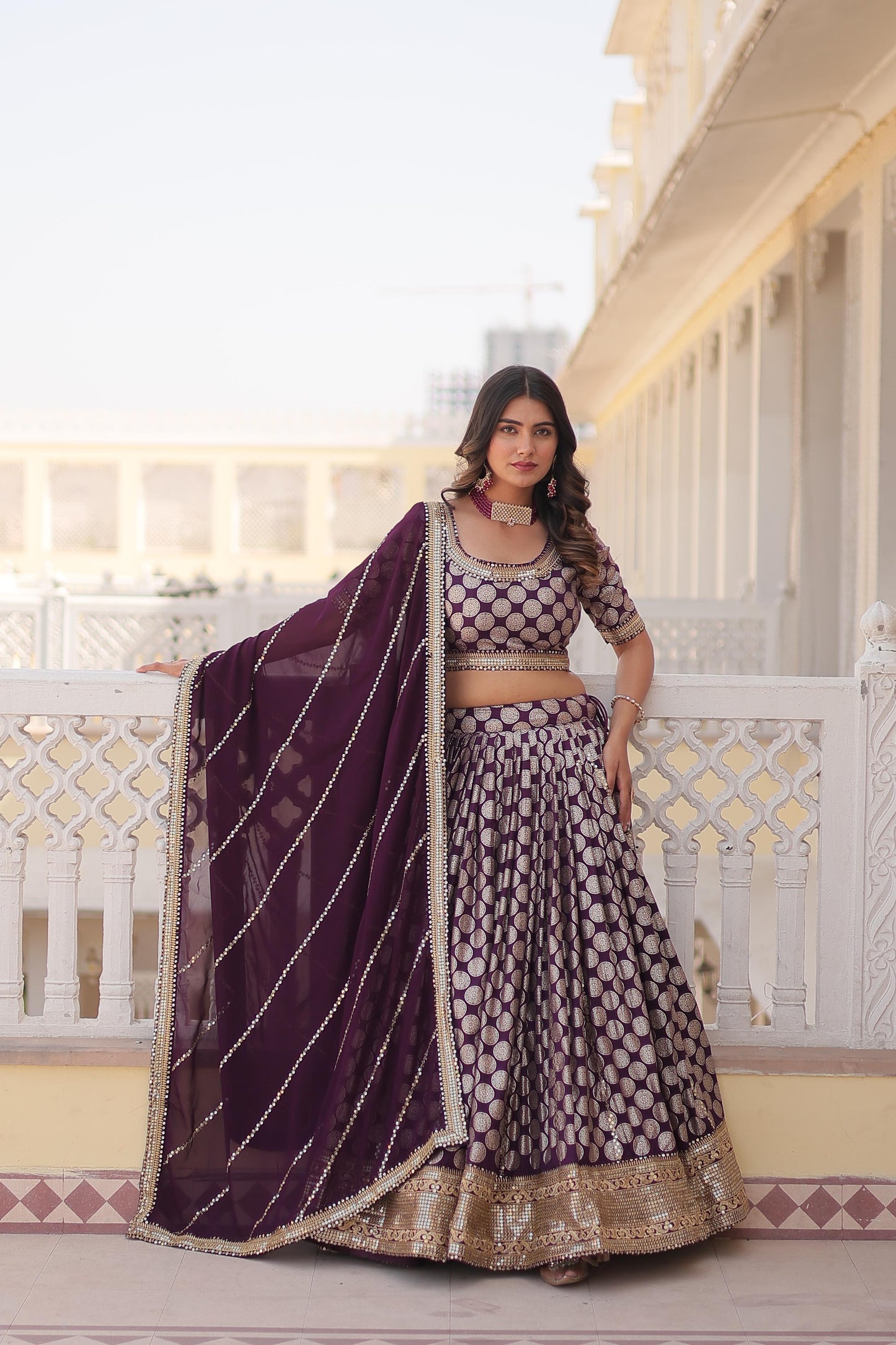 Designer Jacquard With Sequence Work Wine Lehenga Choli