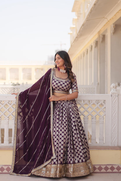 Designer Jacquard With Sequence Work Wine Lehenga Choli