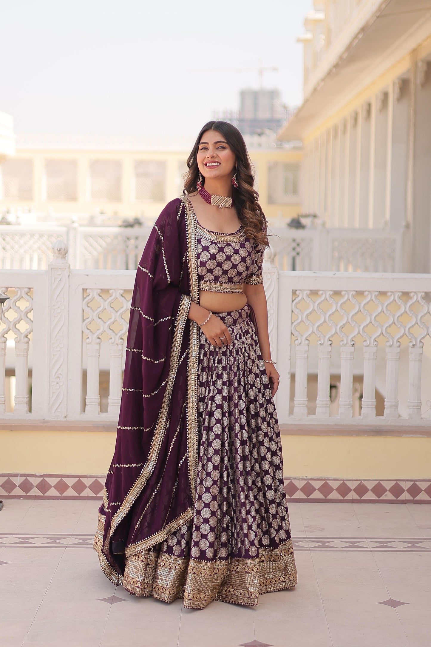 Designer Jacquard With Sequence Work Wine Lehenga Choli