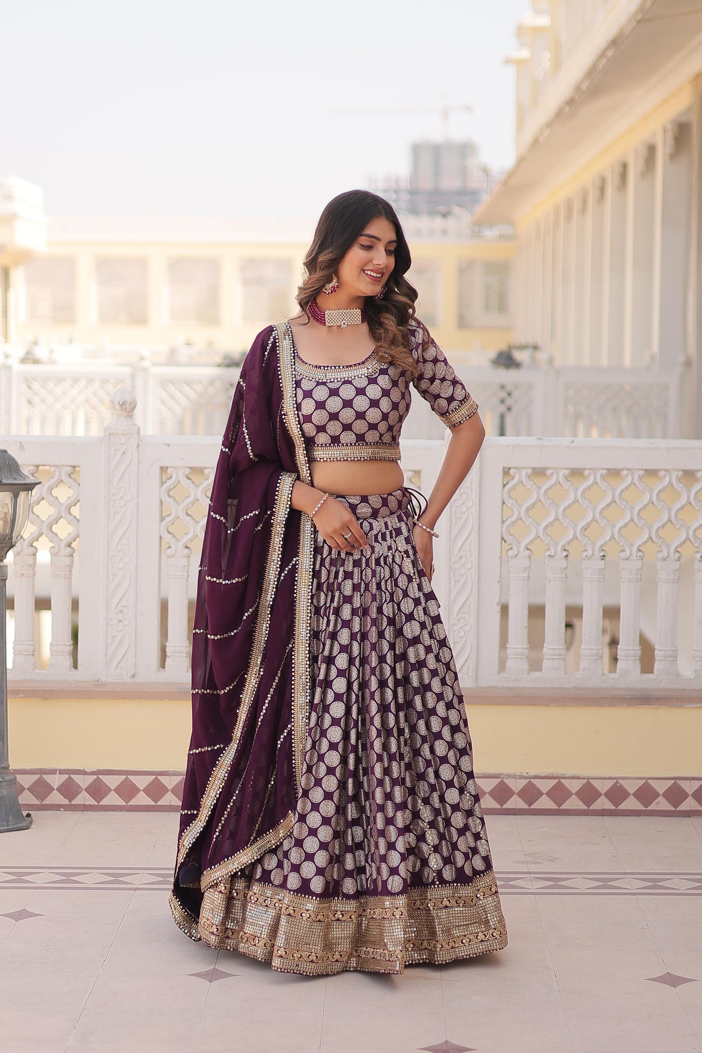 Designer Jacquard With Sequence Work Wine Lehenga Choli