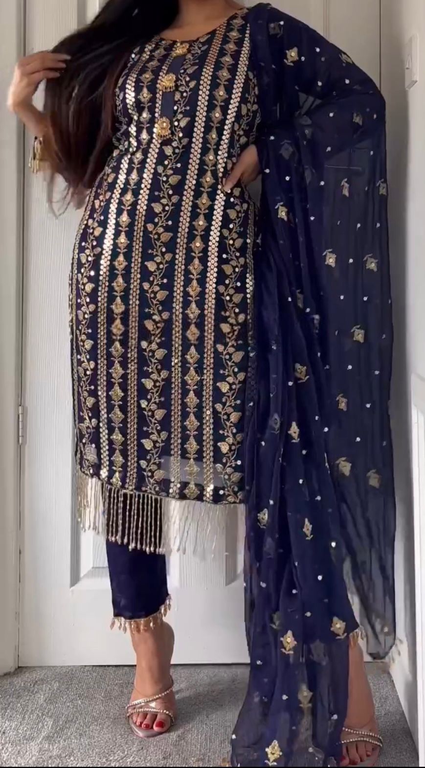 Attractive Embroidery Work Navy Blue Color Salwar Suit