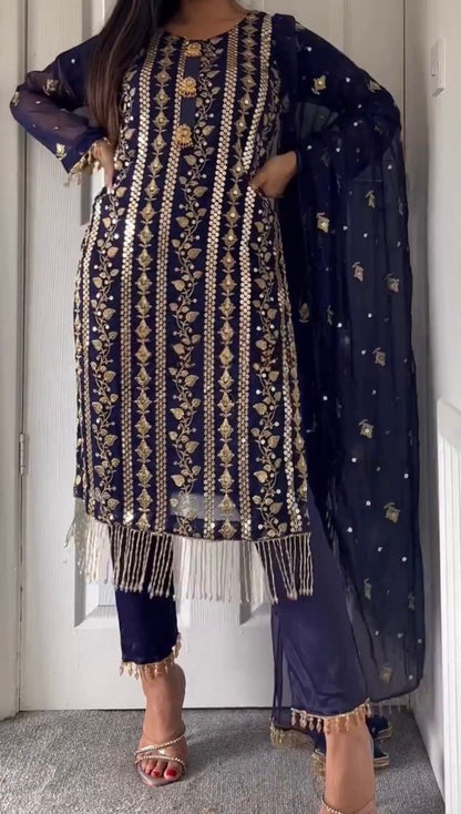 Attractive Embroidery Work Navy Blue Color Salwar Suit