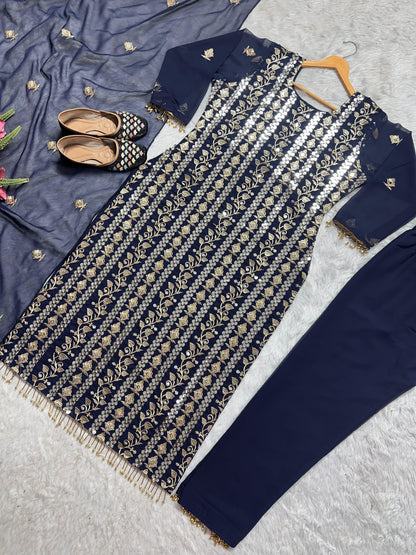 Attractive Embroidery Work Navy Blue Color Salwar Suit