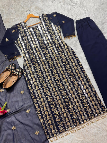 Attractive Embroidery Work Navy Blue Color Salwar Suit