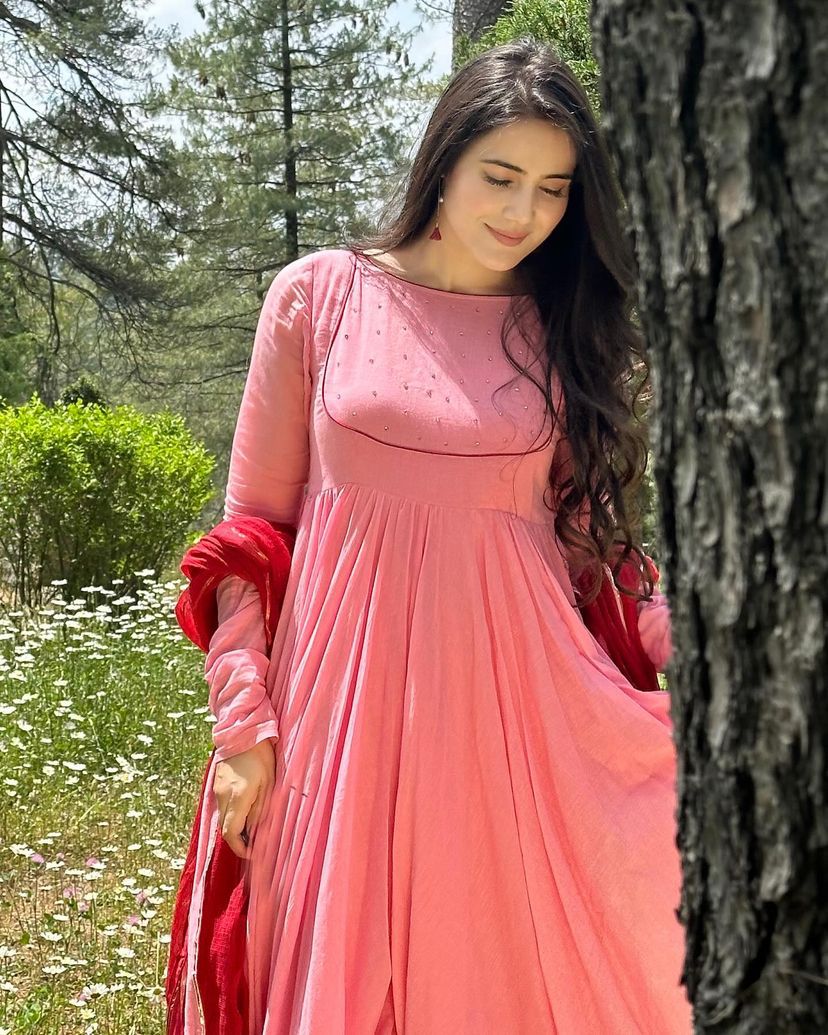 Amazing Moti Work Peach Long Gown With Dupatta