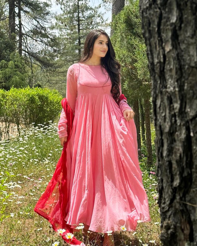 Amazing Moti Work Peach Long Gown With Dupatta