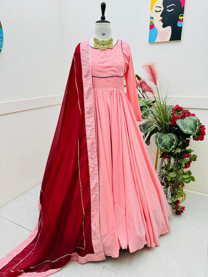 Amazing Moti Work Peach Long Gown With Dupatta