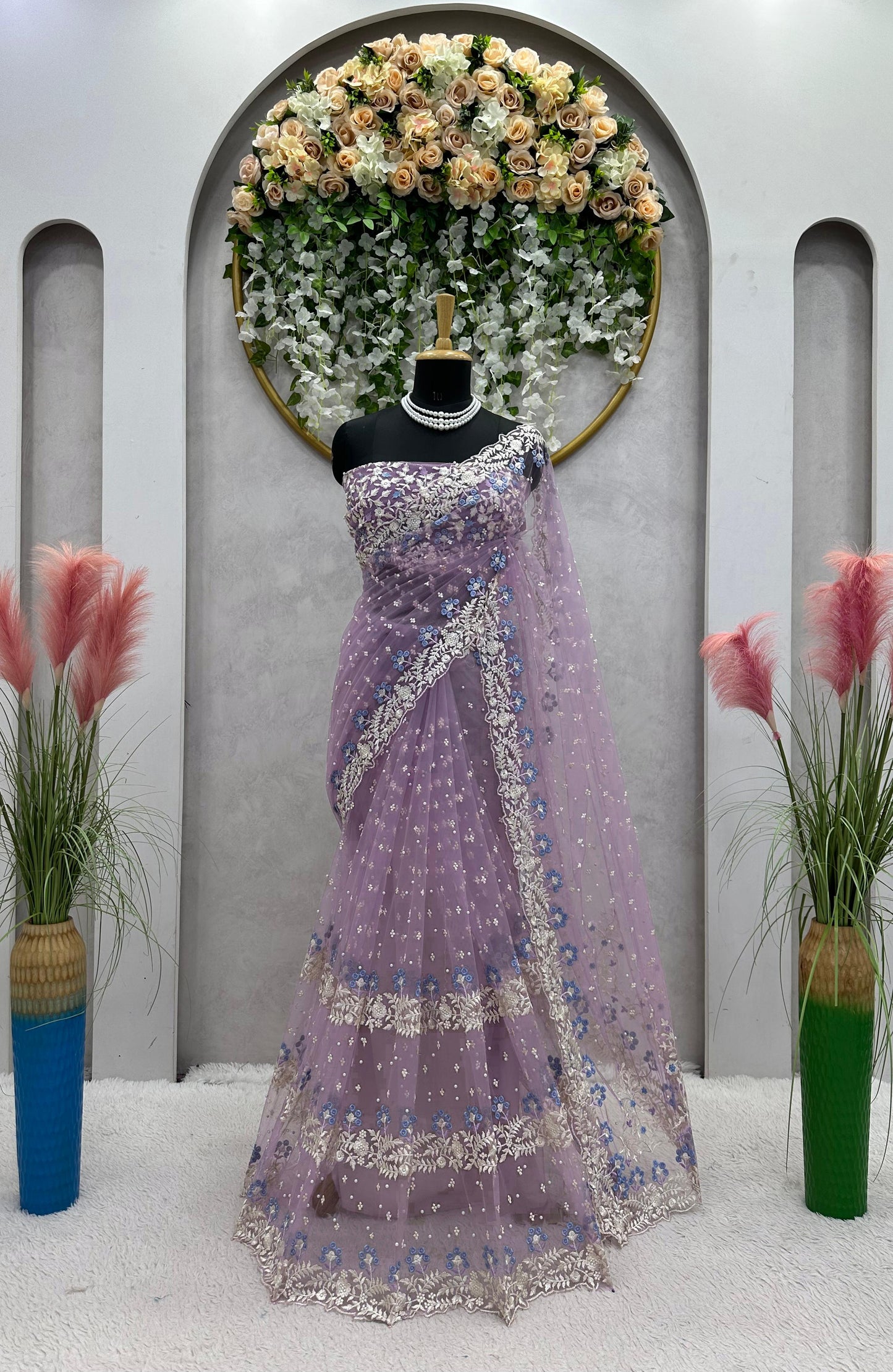 Exclusive Pearl Work Lavender Color Net Saree