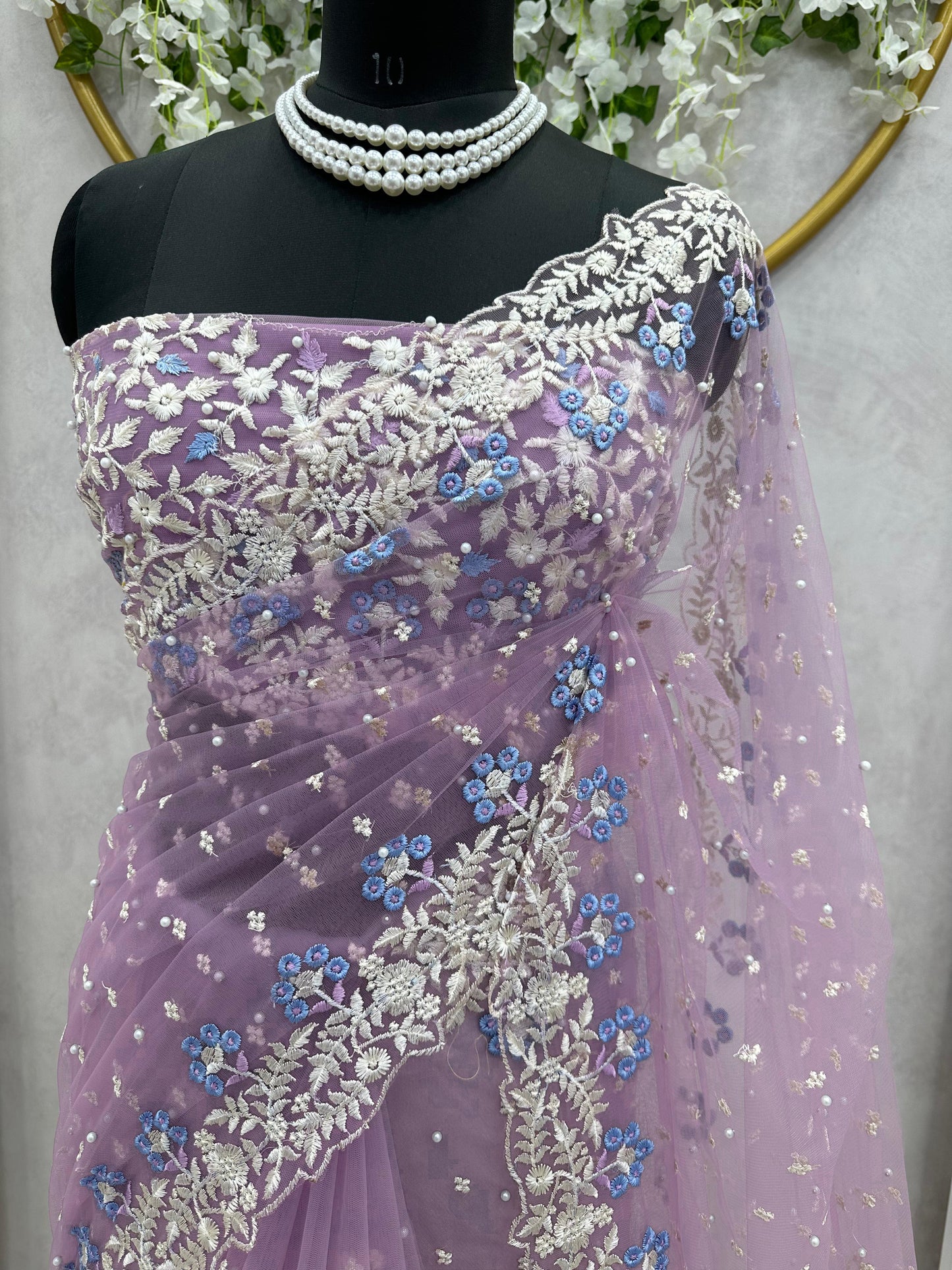 Exclusive Pearl Work Lavender Color Net Saree