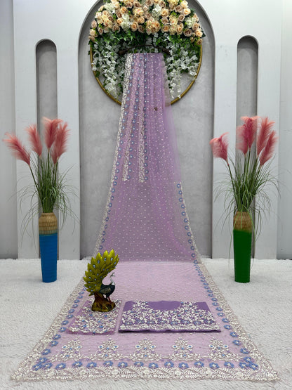 Exclusive Pearl Work Lavender Color Net Saree