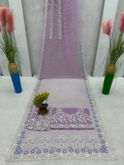 Exclusive Pearl Work Lavender Color Net Saree