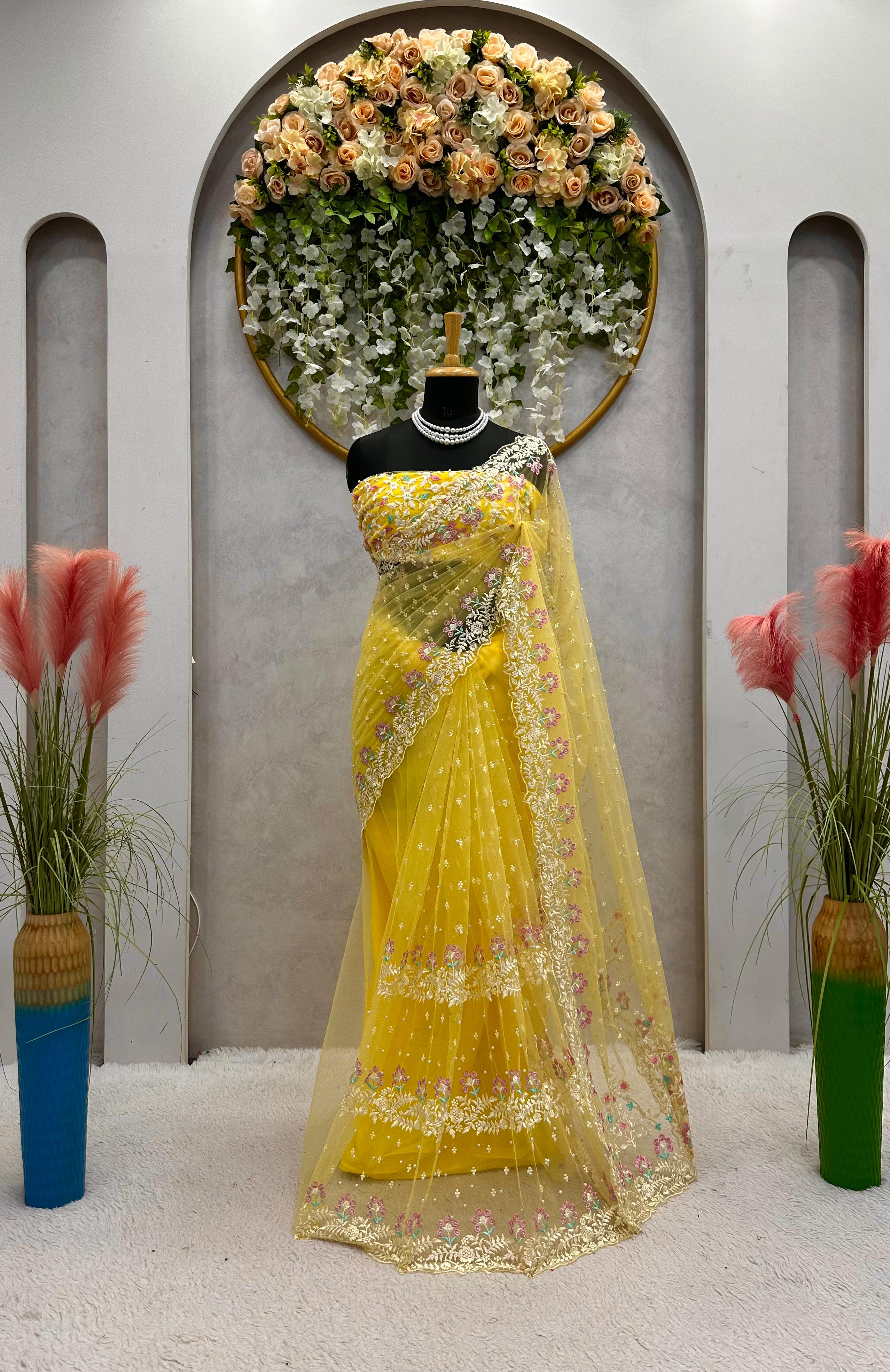 Soft yellow Pearl hotsell Work Saree