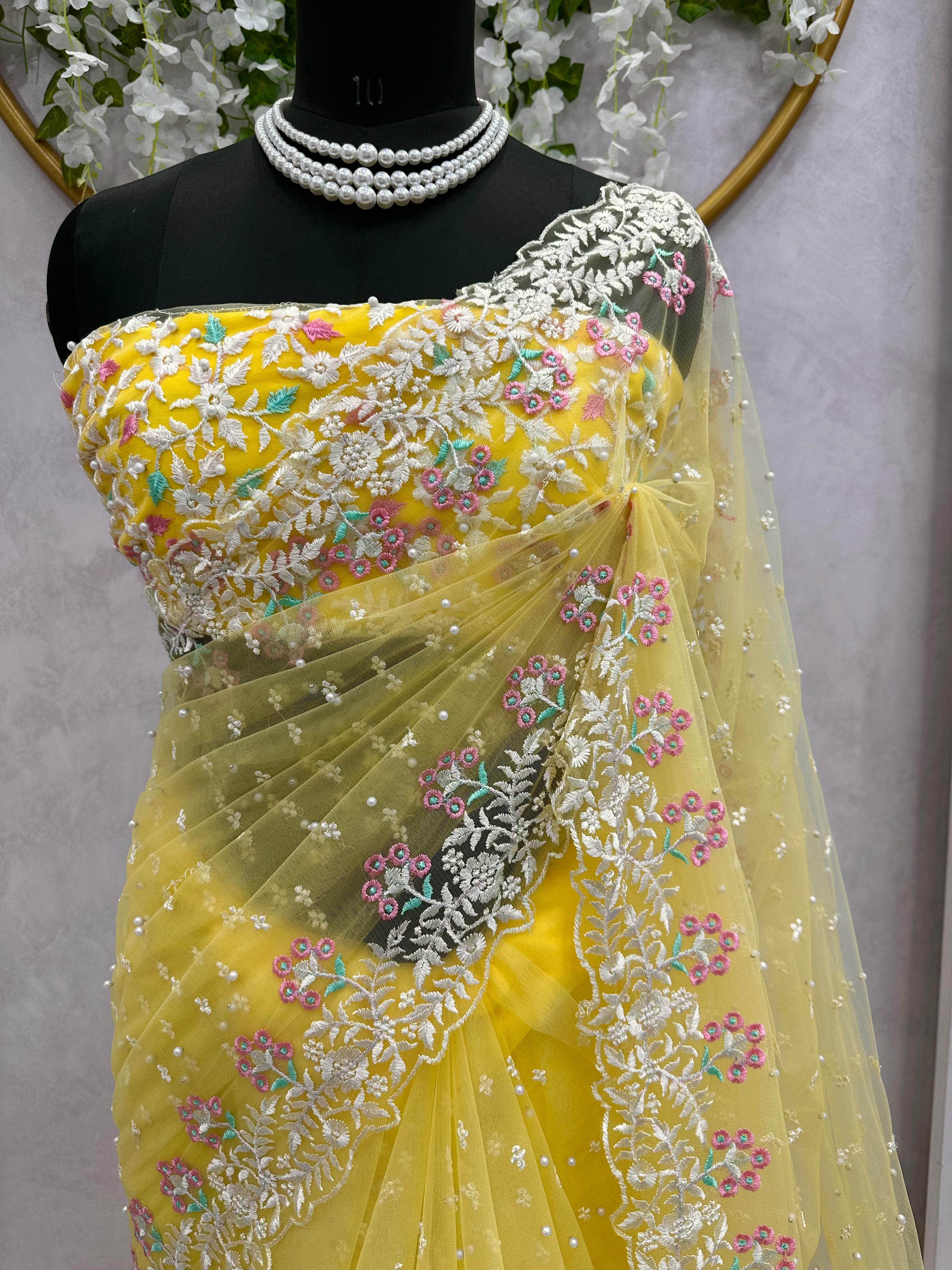 Exclusive Pearl Work Yellow Color Net Saree