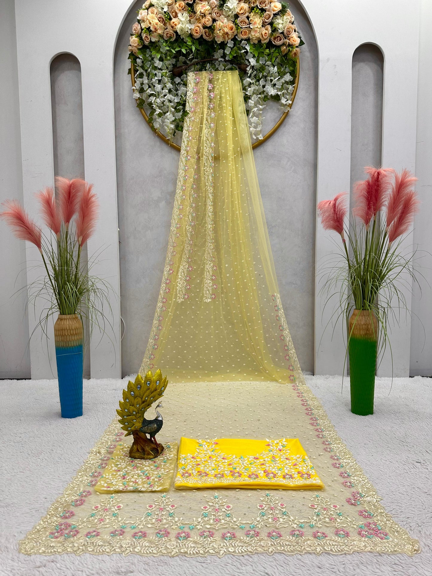 Exclusive Pearl Work Yellow Color Net Saree