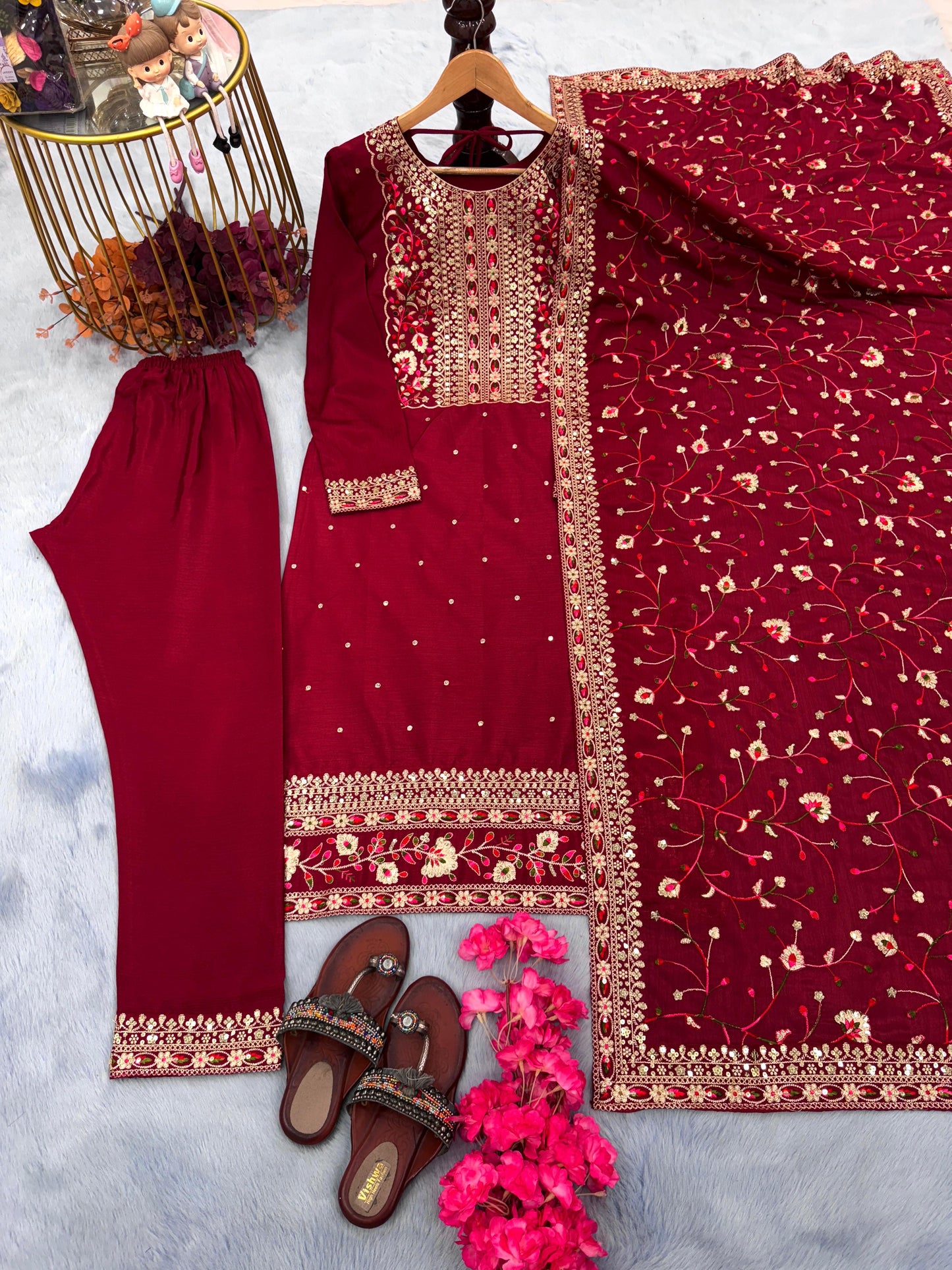 Stylish Maroon Color Embroidery Sequence Work Kurti Pair