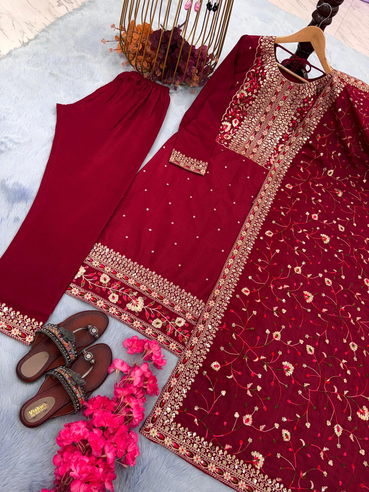 Stylish Maroon Color Embroidery Sequence Work Kurti Pair