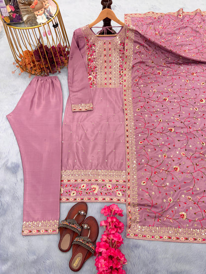 Stylish Dusty Pink Color Embroidery Sequence Work Kurti Pair