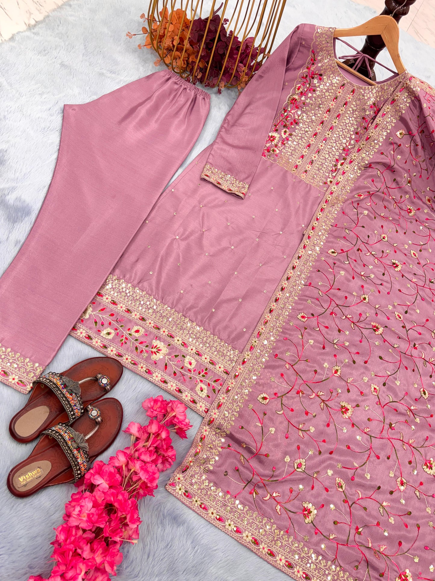 Stylish Dusty Pink Color Embroidery Sequence Work Kurti Pair