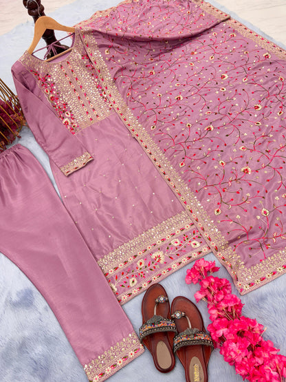 Stylish Dusty Pink Color Embroidery Sequence Work Kurti Pair