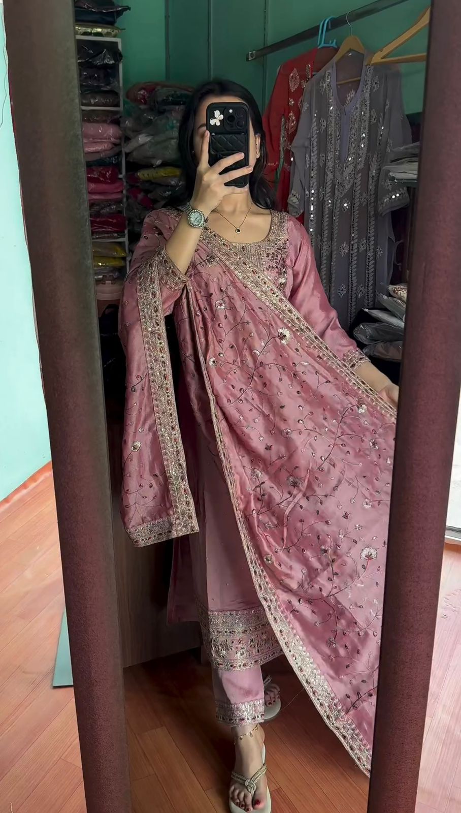 Stylish Dusty Pink Color Embroidery Sequence Work Kurti Pair