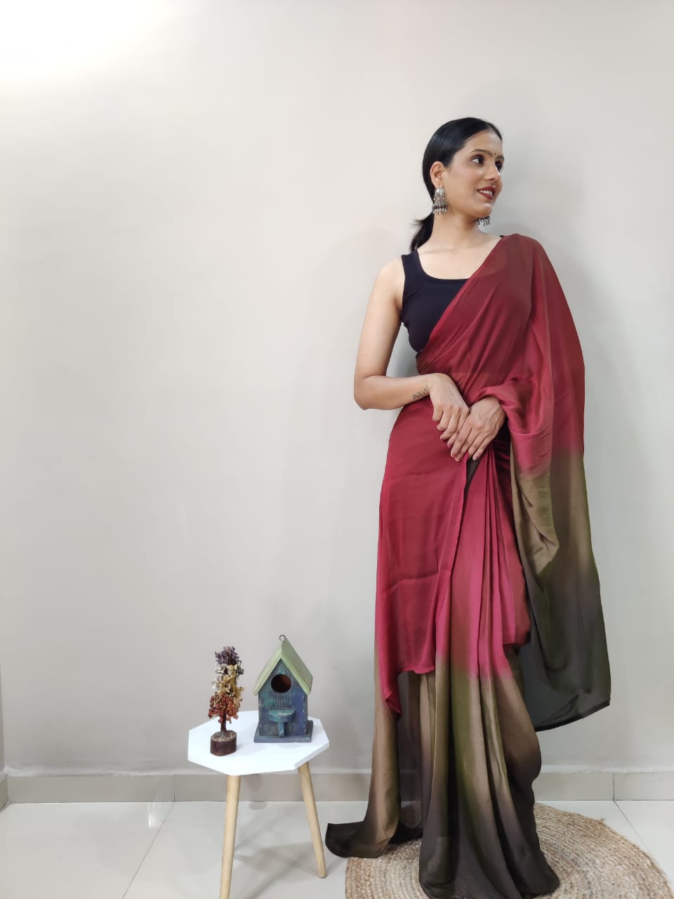 Ready To Wear Marron With Brown Color Shade Saree