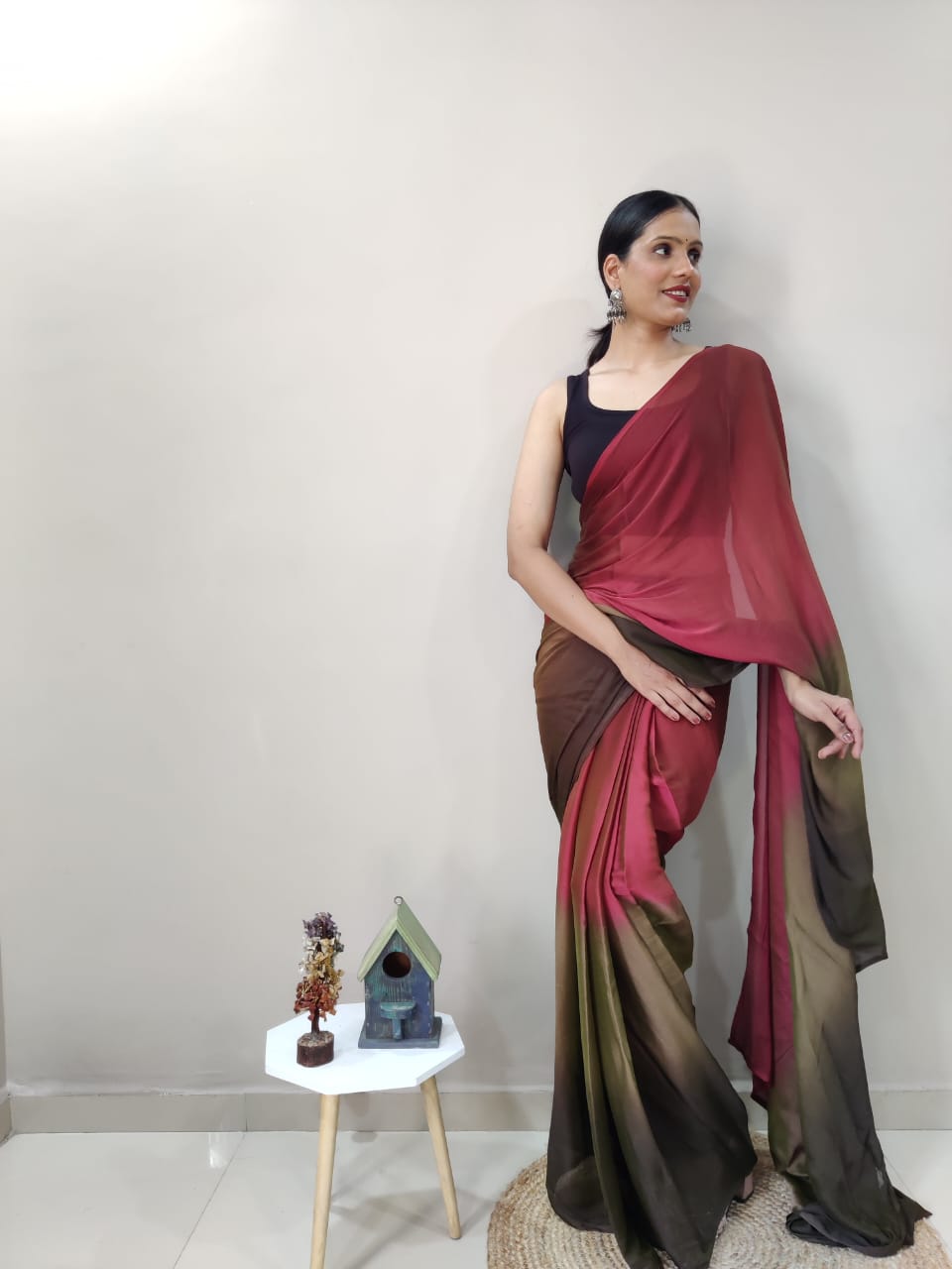 Ready To Wear Marron With Brown Color Shade Saree