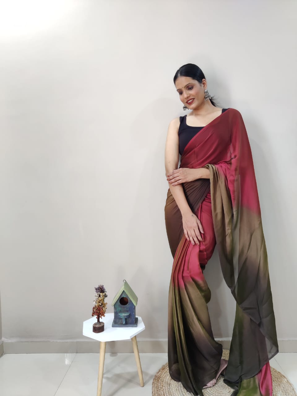 Ready To Wear Marron With Brown Color Shade Saree