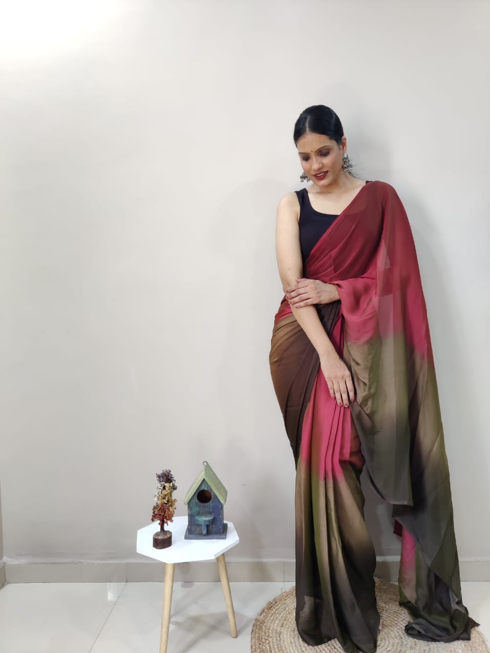 Ready To Wear Marron With Brown Color Shade Saree