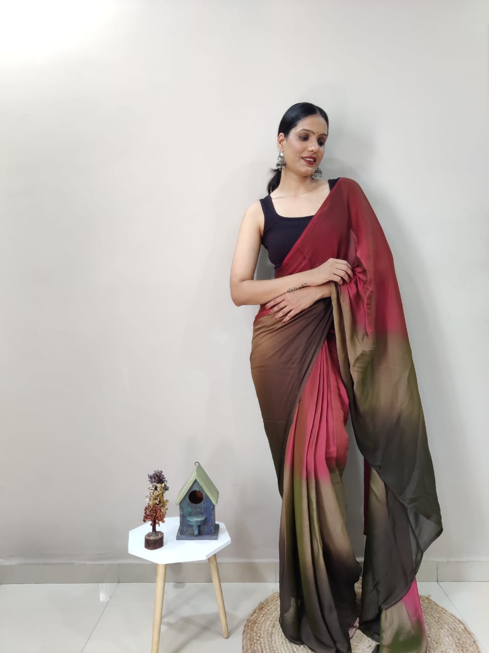 Ready To Wear Marron With Brown Color Shade Saree